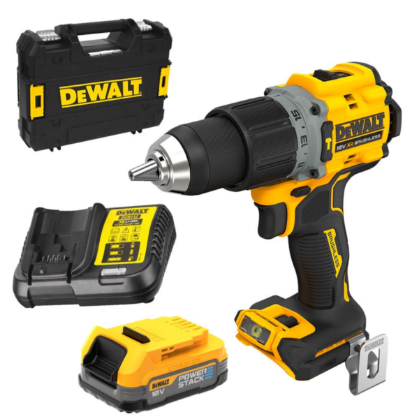 DeWalt DCD805E1T-XE 18V 1.7Ah XR Li-ion Cordless Brushless 2-Speed Hammer Drill Driver PowerStack Combo Kit